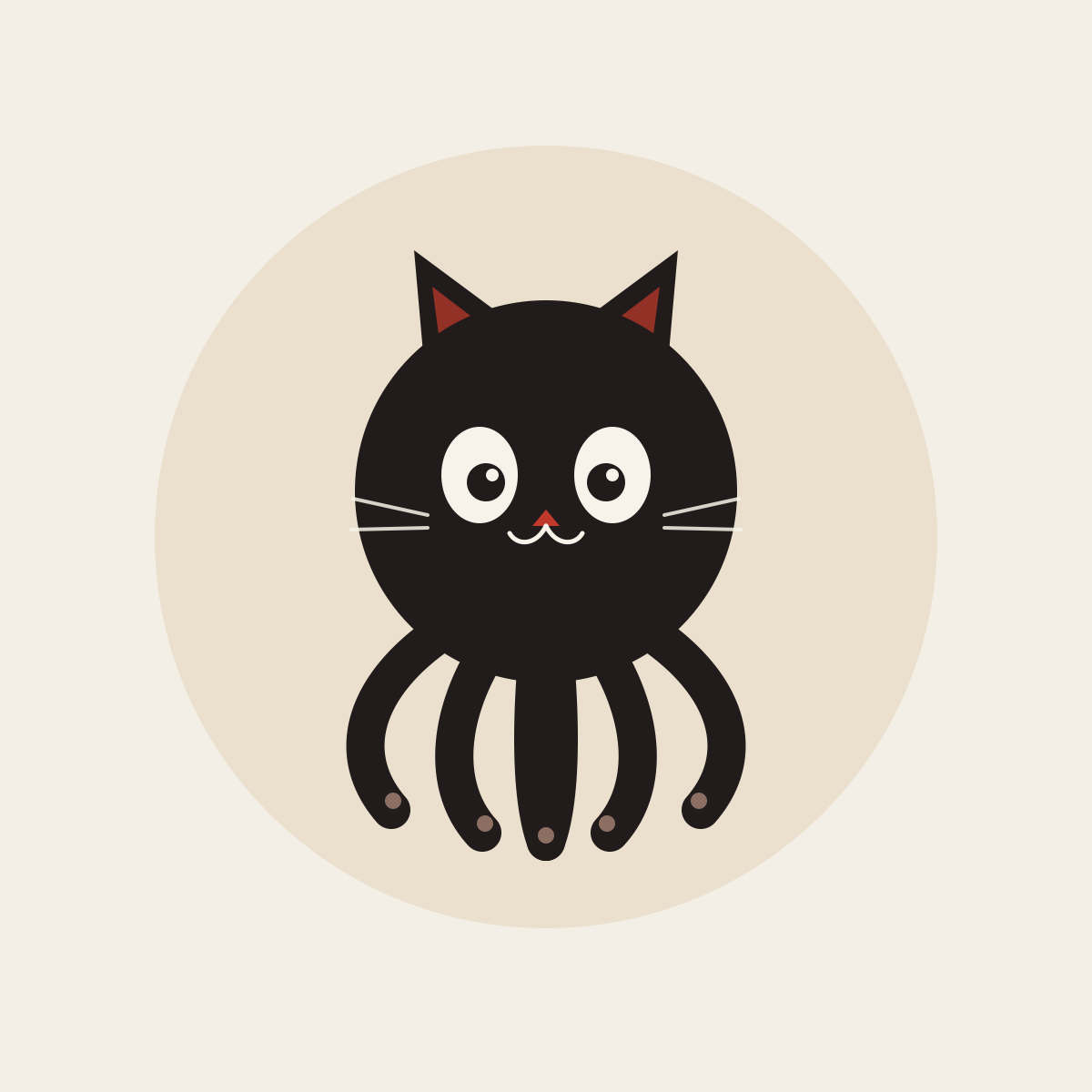 黒猫のような、タコの足を持つオリジナルのマスコットイラスト